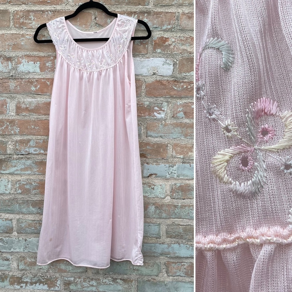 Vintage 50s Nightgown Pink Satin Sheer Yoked Embroidered Babydoll Nightie Gown